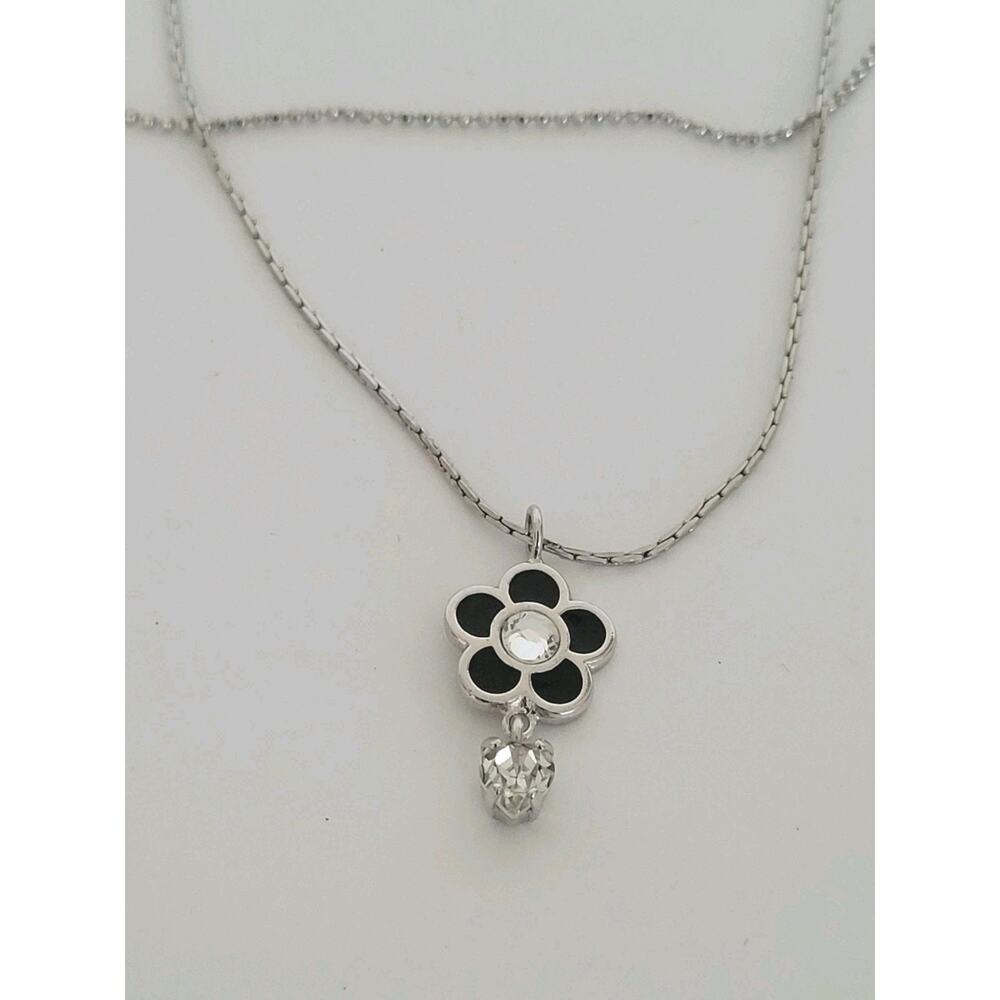 Mary Quant Double Chain Pedant Necklace 15+2” Silver Flover Heart Designer Logo